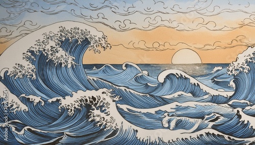 海に波風と夕日の余韻、水の波動が全体に広がっていくイラスト