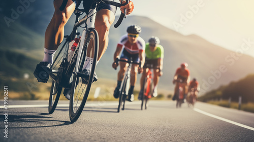 A group of cyclists with racing sports gear riding on an open road cycling route. Close-up