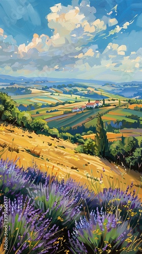 A provincial landscape, with oil paints highlighting the lush grassland and dense lavender fields