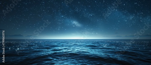 An ethereal seascape at night where the ocean mirrors