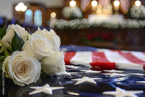 Closeup of folded American flag with white roses and casket. Funeral tribute ceremony