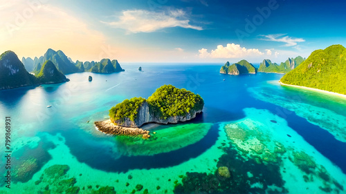 A bird's-eye view of a beautiful island landscape in the middle of the sea. A tropical beach with water as clear as an emerald.