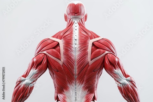 Detailed 3D rendering of back muscles highlighting muscular issues, in a clinical color palette
