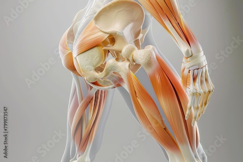 3D diagram of hip muscles illustrating bursitis, in a clinical color palette