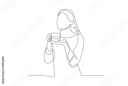 Woman inhaling the aroma of morning coffee. Coffee morning concept one-line drawing
