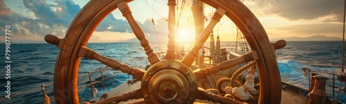 Steering wheel of a boat with a sunset in the background. Banner