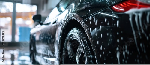 Black car wash in a modern creative studio with soft lighting.