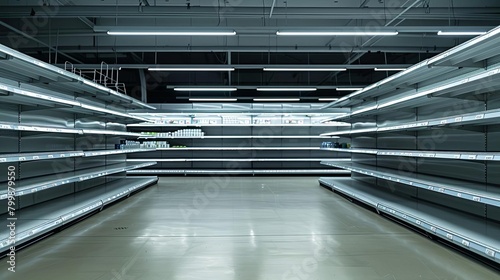 Resource Scarcity Empty shelves in a grocery store, depicting resource scarcity