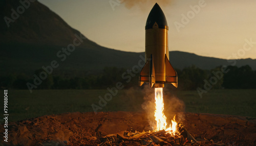 small rocket blasting from trash at evening, innovation and resourcefulness concept