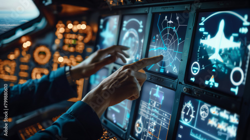 businessman touching screen with aircraft icons in airplane cockpit, smart industry technology concept 