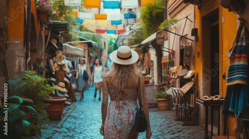 Happy young woman wear casual cloth while enjoy walking at vibrant market. Attractive beautiful girl or tourist exploring while walking at colorful city street. Recreation activity concept. AIG42.
