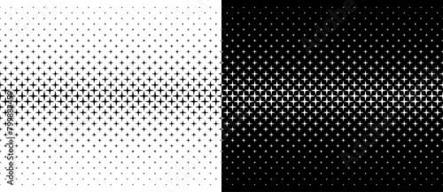 Abstract background with repeated stars in halftone design. Black shape on a white background and the same white shape on the black side.