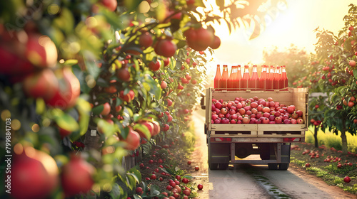 Cargo truck carrying bottles with pomegranate juice in an orchard with sunset. Concept of food and drink production, transportation, cargo and shipping.