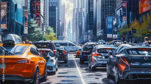 a bustling city street filled with electric and self-driving vehicles, reflecting the growing trend towards sustainable transportation and smart mobility solutions.