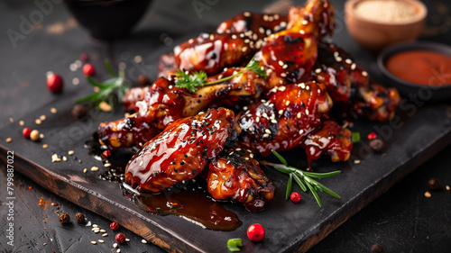 A mouthwatering array of BBQ chicken wings, glistening with sesame-infused sauce, served on a contemporary platter against a neutral backdrop. Ai generated