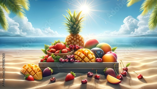 tropical fruits,sunny beach, paradise, sandy beach, ripe fruits, summer,fruit bounty,pineapple,strawberries,mango,cherries,fresh produce,healthy eating,tropical setting,beachside, vitamin-c
