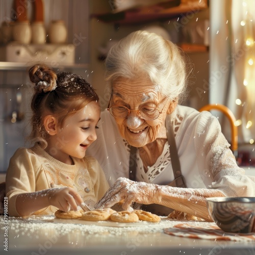 An elderly woman and a little girl baking cookies together in the kitchen, both with flour on their noses and joyous smiles. 