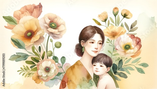 Watercolor illustration of a mother and child embraced by a floral arrangement. Family and love theme suitable for greeting cards, mother's day, nursery decor, and sentimental design projects.