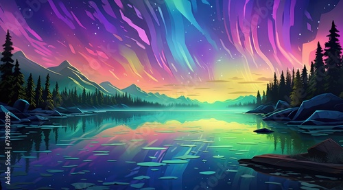 Aurora Borealis’ Dance Over Serene Mountain Lake