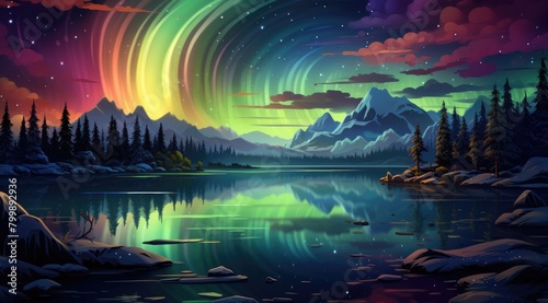 Aurora Borealis’ Dance Over Serene Mountain Lake