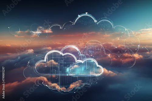 Cloud computing concept on blue sky background. 3d rendering toned image double exposure