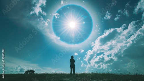 Sun halo over field with person watching