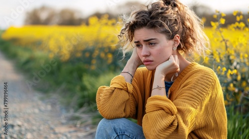 Smutna dziewczyna siedząca blisko pola z rzepakiem