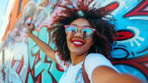 Joyful young woman striking a pose for a selfie, her outfit and style popping against a graffiti-covered wall