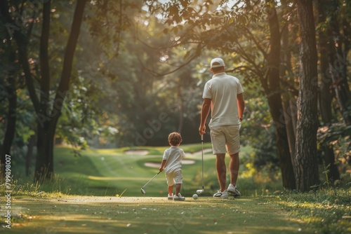 father and son play golf. Father's Day concept. Spending time together.