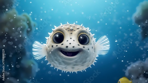 3D illustration of a cute pufferfish in the ocean.