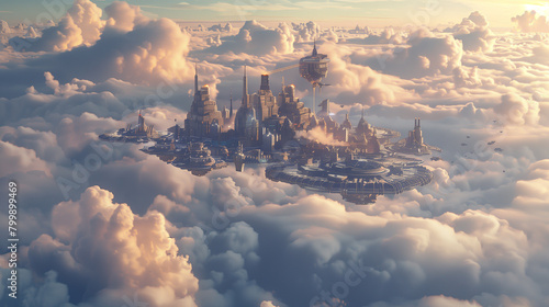 a floating cityscape above the clouds, powered by advanced anti-gravity technology, depicts a futuristic urban living vision.