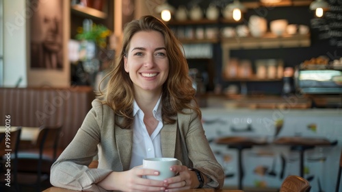 Smiling businesswoman with coffee cup sitting at table in wide angle lens of coffee shop