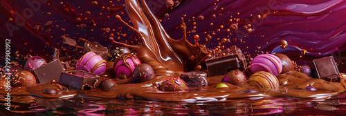 With a vintage touch reminiscent of old chocolate advertisements, depict the joyous eruption of liquid chocolate and bonbons in a whimsical setting. Ai generated