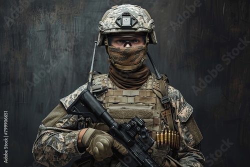 Special forces operative armed with assault rifle against dark gray wall, tactical readiness