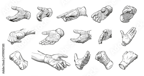 Comics Hand Poses in Glove Set. White wrist Vector Set, Black and White glove Elements on White Background