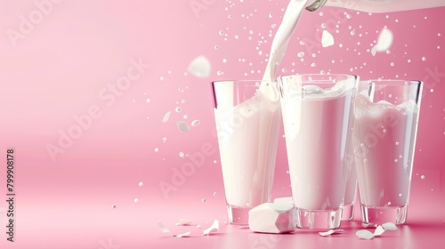 Fresh Milk Pouring Into Glasses with Splashes on Pink Background. World Milk Day