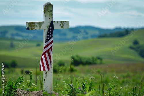 View from behind American flag draped white cross in open field, solemn tribute