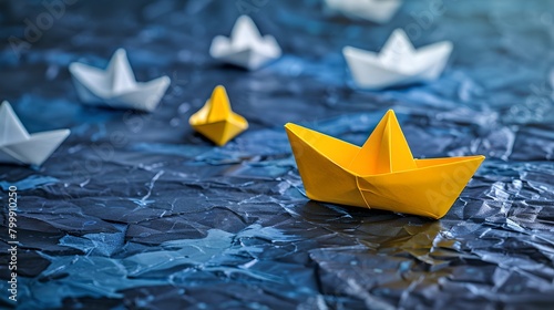 Bright yellow paper boat amidst white boats on blue water. A standout concept in a sea of sameness. Creative and vivid paper craft scene. AI