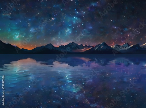 ゲーム背景壁紙風美しい星屑の夜空と明け方の雲を反射する水面湖 
