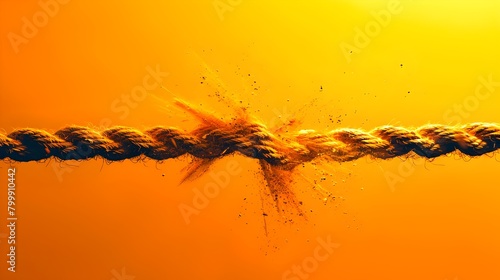 Breaking point captured in a dramatic moment, a rope fraying against a sunset backdrop. AI