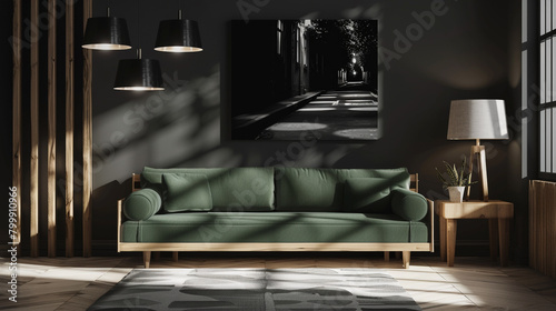 Monochrome city street night scene, complements a living room with a green couch.