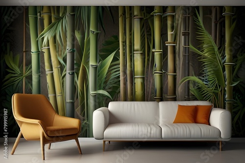 tropical plants with bamboo leaves on a textured rubbed background by kayami photo wallpaper in the interior Generative AI 