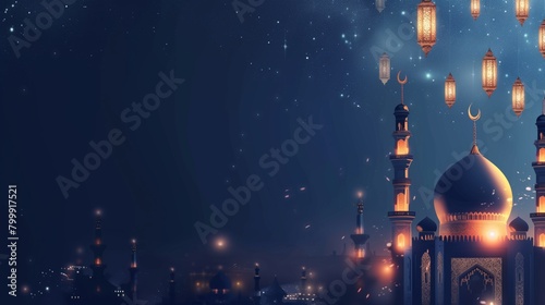 A beautiful night scene depicting an illuminated mosque surrounded by hanging lanterns under a starry sky.