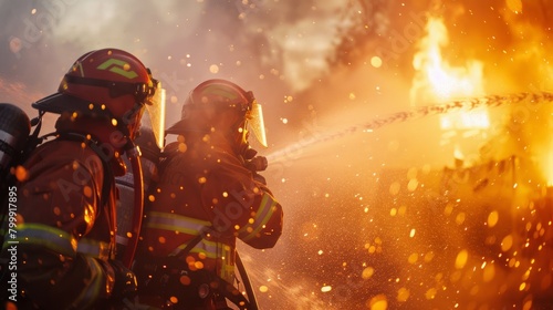 Close-up action of two firefighters spraying water with high pressure nozzles to shoot surrounded by smoke with flames.