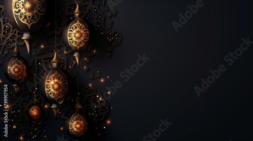Elegant dark background featuring ornate golden lanterns and intricate arabesque patterns, ideal for festive occasions.