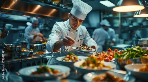 Chef in a hotel kitchen supervising the preparation of international cuisine for guests, showcasing culinary expertise.