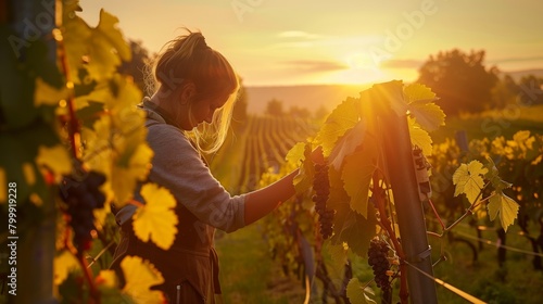 Woman Standing in Vineyard Holding Bunch of Grapes