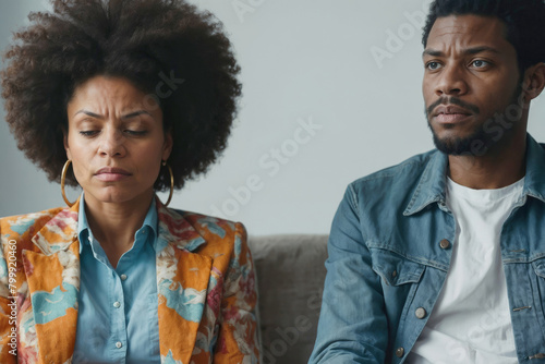 Afro couple on sofa lost in thoughts. Relationship concerns, marital issues, unhappy partners, family crisis, divorce on their minds