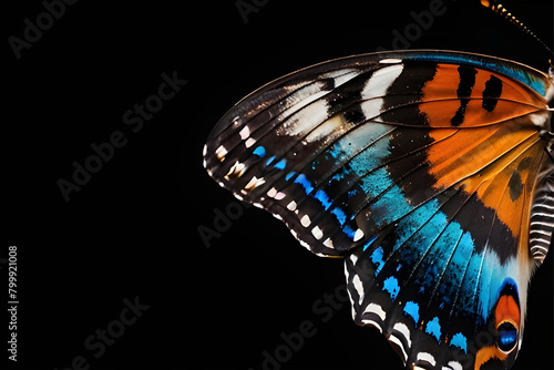 a close up of a butterfly wing with blue and orange colors on it's wings and a black background