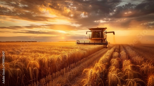 A combine harvester working in a golden wheat field at sunset with a beautiful cloudy sky.